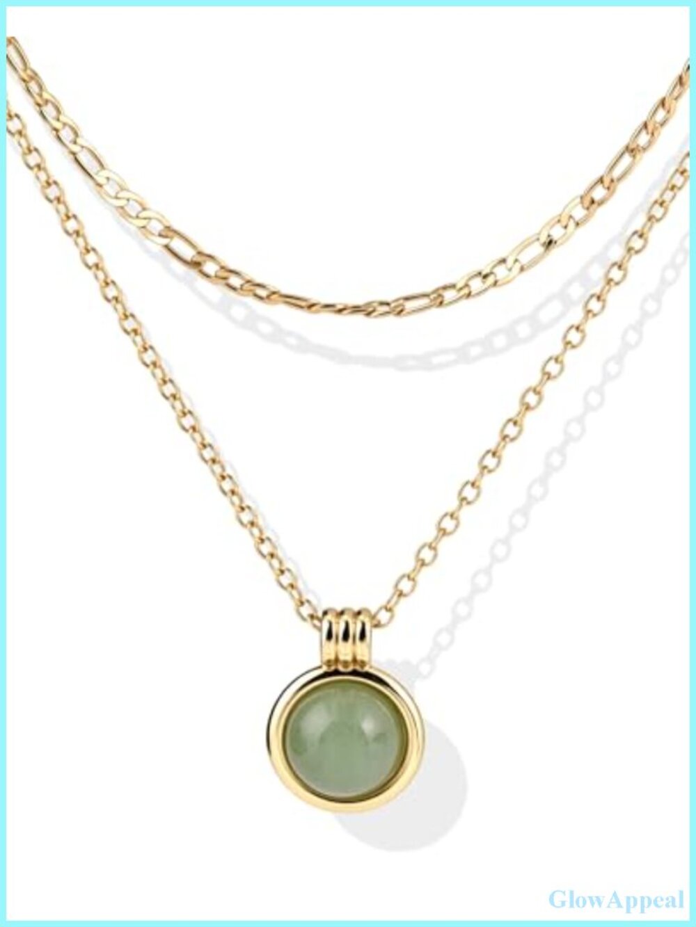 14K Gold Plated Layered Necklace Jade Pendant Figaro Chain Non Tarnish